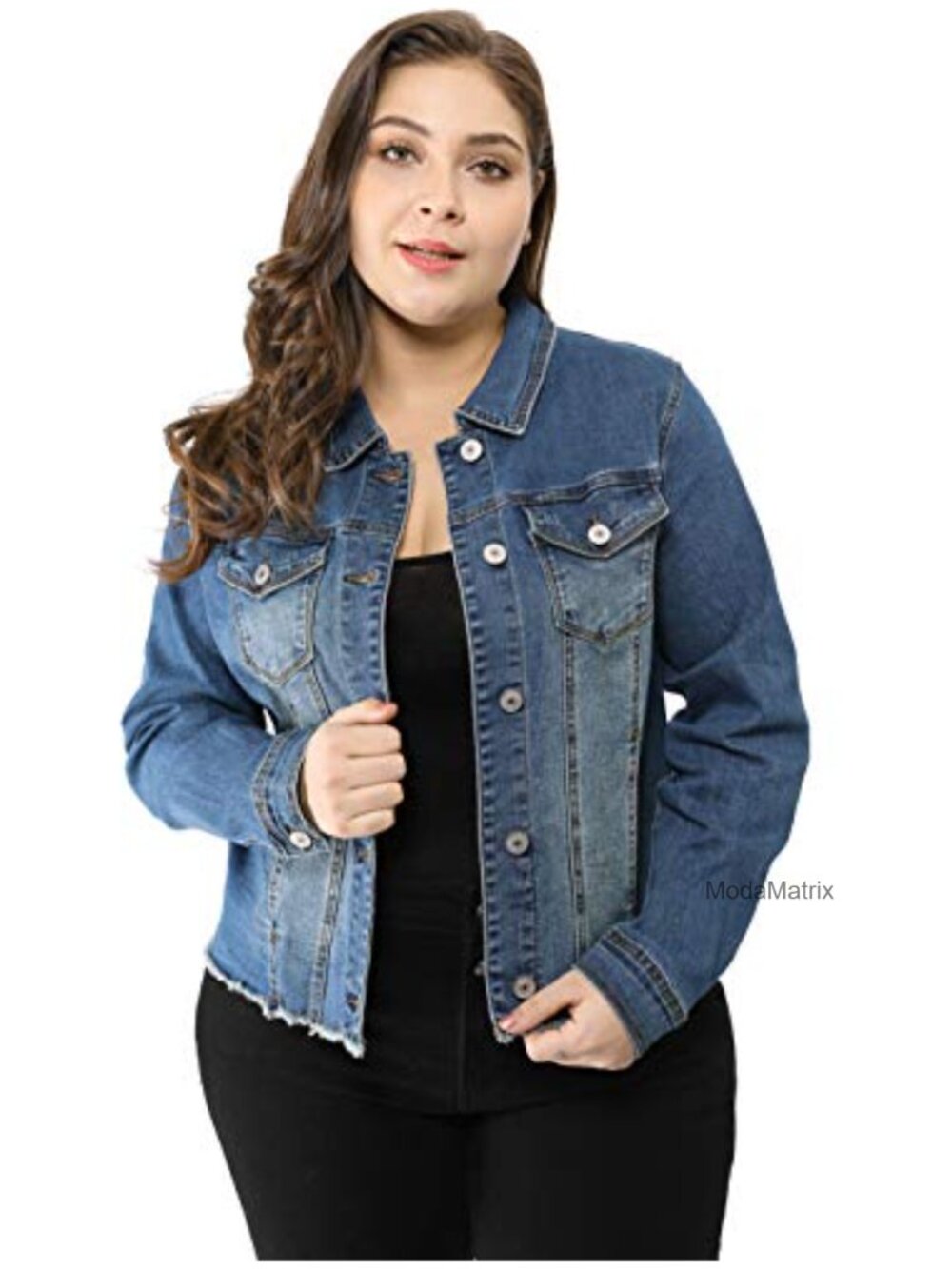 Plus Size Frayed Hem Denim Jacket Button Down Jean Coat